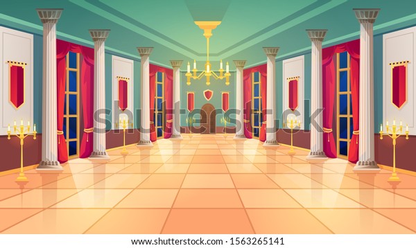 Ballroom hall, Medieval palace room, royal castle\
interior, vector background. King ballroom with luxury interior,\
marble columns and curtains, golden candelabra and candle lamps,\
fairy tale design