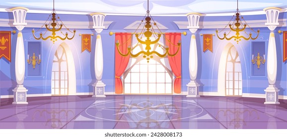 Ballroom interior. Beautiful banquet hall in royal medieval castle with curtains, baroque columns and chandeliers. Empty room for ceremony and events. Banner Design. Cartoon flat vector illustration