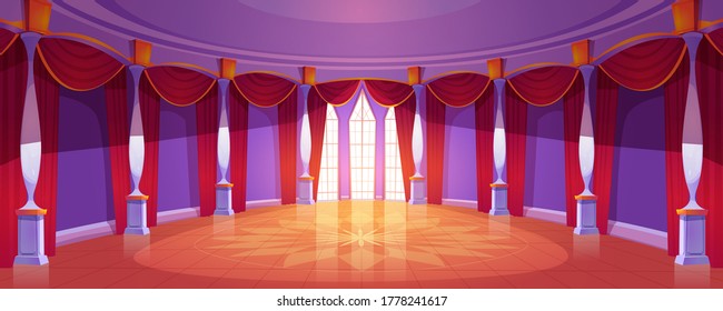 Ballroom Interior In Medieval Royal Castle. Vector Cartoon Illustration Of Empty Round Banquet Hall In Baroque Palace With Columns, Tall Windows, Red Curtains And Glossy Floor