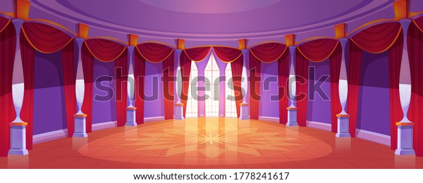 Ballroom interior
in medieval royal castle. Vector cartoon illustration of empty
round banquet hall in baroque palace with columns, tall windows,
red curtains and glossy
floor