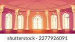 Ballroom interior in royal castle or palace. Medieval building room for balls, dance, wedding banquet with windows and columns in baroque style, vector cartoon illustration