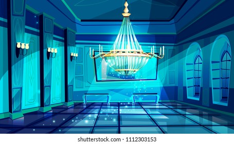 Ballroom In Night Vector Illustration Of Palace Hall With Crystal Chandelier And Midnight Magic Moonlight Sparkles. Flat Cartoon Royal Ball Room Interior Background With Candelabra Lamps