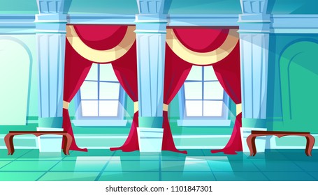 Salón de baile del palacio, ilustración vectorial del castillo medieval interior de la sala de baile real. Fondo plano de caricatura con columnas de mármol, cortinas rojas en ventanas y bancos