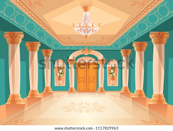 豪華な博物館や室内の部屋を描いた 大広間や宮殿のレセプションホールのベクターイラスト シャンデリア 花瓶 飾りとアニメのロイヤル青の内部背景に 天井 壁 柱に のベクター画像素材 ロイヤリティフリー