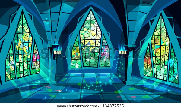 ステンドグラスの窓と月光が床に映る 夜の王室ゴシック様式のバルルームまたは宮殿のベクターイラスト カートーンボールルームまたはキングアパートと博物館の内部背景 のベクター画像素材 ロイヤリティフリー