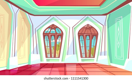 Ballroom vector illustration of royal palace hall with windows on garden view. Flat cartoon ball room or king apartment and museum interior background with tile floor