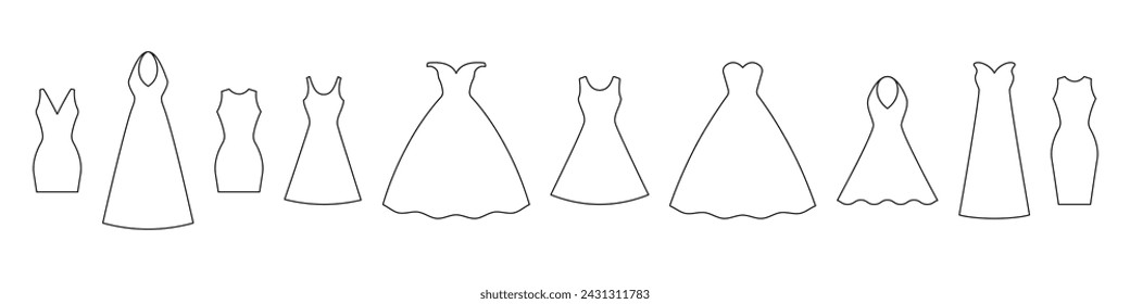 Ballroom and wedding dresses outline. Luxurious model outfits for beautiful presentations and parties with romantic vector glamor