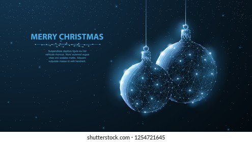 Balls. Abstract illustration two decoration christmas glitter balls on blue background with snowflake, snow, shine stars. Christmas, new year, symbol. December winter decor.