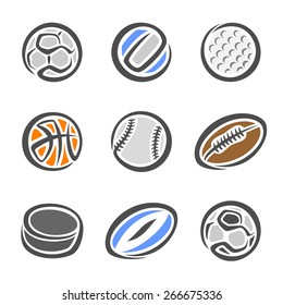 Balls American football pigskin with lacing, baseball, handball, golf, football soccer, basketball, volleyball, rugby ball hockey puck. Sports equipment Ball isolated closeup on white background