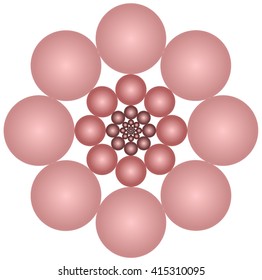 Balls arranged in eight rows are shrinking and darkening in the middle and form the background pink