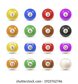 Balls For Billiards Varicolored Realistic Set. American Pool, Snooker Numbered Equipment, Accessories. Cue Sport Tools With Digits. Vector Collection Balls Illustration Isolated On White Background.