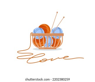 Balls of blue and brown wool yarn, knitting needles in wicker basket. Logo, icon, knitting love concept, creativity, handmade, hobby. Vector flat illustration isolated on white background.