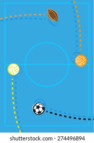 Balls bounce on a court. Sports Poster, Background or Frame concept. 