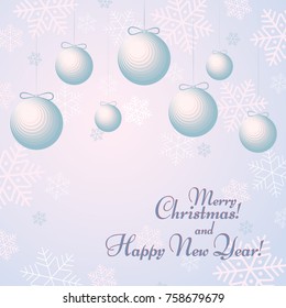 Balls with bows on a background with snowflakes Text Happy New Year and Merry Christmas Winter background for New Year and Christmas Pattern postcard poster wallpaper invitation template Heder Vector