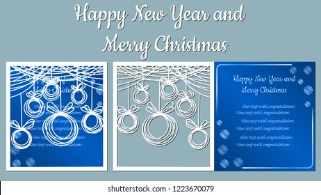 Balls with bows, toy for decoration drawn lines. Vector. Cliche. The image with the inscription - Happy New Year and Merry Christmas. For laser cutting, plotter and silkscreen printing.