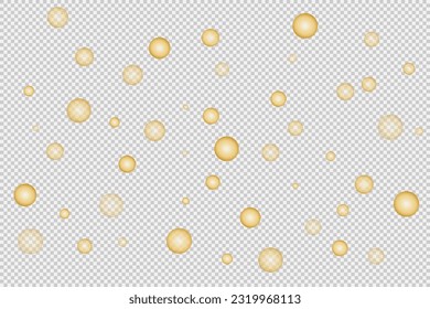 Balls or bubbles of different sizes and transparency of yellow color on a transparent background