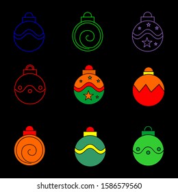 balls and Christmas decorations, with a black background. Vector illustration.
