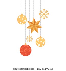 balls christmas with star and snowflakes hanging vector illustration design