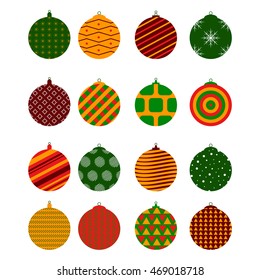 Balls for the Christmas tree. Decorating with ornaments for the New year holidays. Flat style. Bright green, red and orange. Vector illustration.