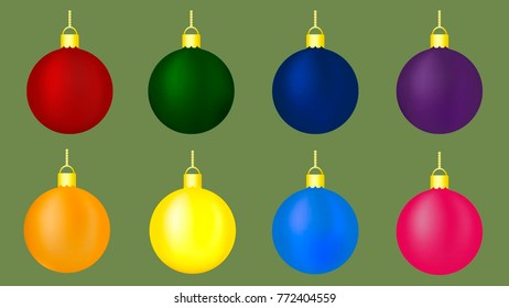 Balls for Christmas Tree in red, green, blue, purple, orange, yellow and pink Colors