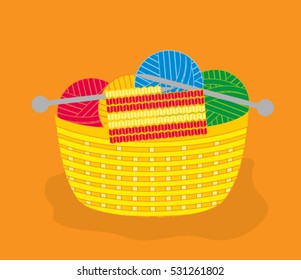 Balls of color knitting wool in basket isolated. Knitting Materials.Vector