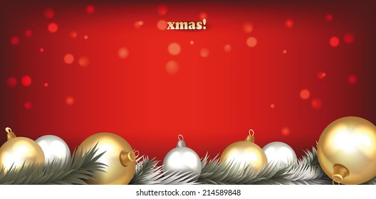 balls composition with the christmas tree branches on the red background