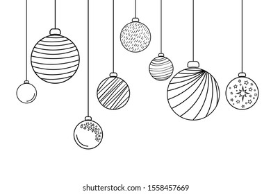 balls for decorating a Christmas tree made of black contours for coloring. Vector illustration isolated on white background.