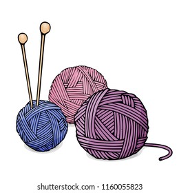 Balls of different colors of wool for knitting and knitting needles. Colorful vector illustration in sketch style.