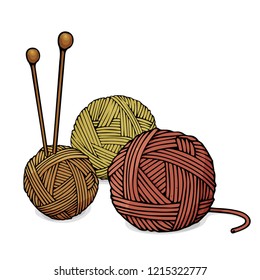 Balls of different colors of wool for knitting and knitting needles. Colorful vector illustration in sketch style.