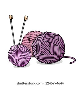 Balls of different colors of wool for knitting and knitting needles. Colorful vector illustration in sketch style.