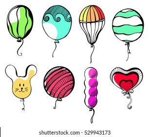 Balls of different shapes and colors.Hand drawn, isolated on a white background. Vector illustration.