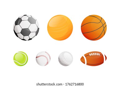 Bolas para diferentes objetos vectoriales de color plano deportivo. Fútbol y fútbol. Partido de baloncesto. Equipo de aeróbic. Material deportivo ilustraciones de dibujos animados aislados en 2D sobre fondo blanco