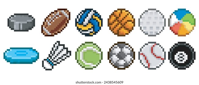 Balls of different sports, pixel art objects