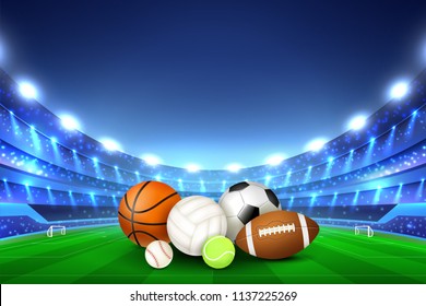 Balls for different team sport games collected in center of stadium playing field and tribunes illumined by floodlights realistic vector illustration 