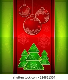 Balls and fir trees on red and green color background, vector illustration