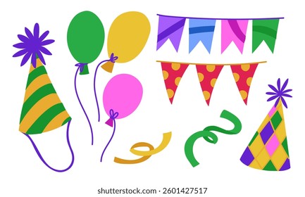 Balls, flags, confetti. set of festive elements is flat style. suitable materials decorating parties, holidays, advertisements and products related to various celebrations, special events. Birthday