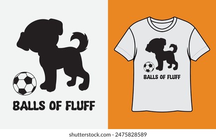 Bolas De Perro Peluda Con Fútbol Listo Para Imprimir Diseño De Camiseta, Arte De La Pared, Taza, Pegatina, Anuncio, Camiseta, Sudadera Con Capucha, Vector, Ilustración