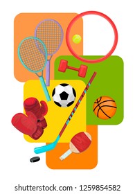 Balls for football, basketball, tennis, rackets and boxing gloves, hoop and dumbbells for sports, physical education classes with sports equipment.