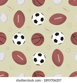 Bolas de fútbol, rugby, béisbol, voleibol. Patrón vectorial sin cable. Fondo deportivo. Competencia profesional. Signo de juego.