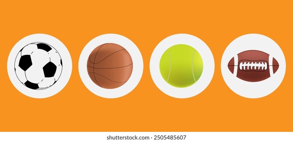 Pelotas para juegos, pelotas deportivas, para deportes, baloncesto, fútbol, rugby, Ilustración vectorial, 10EPS