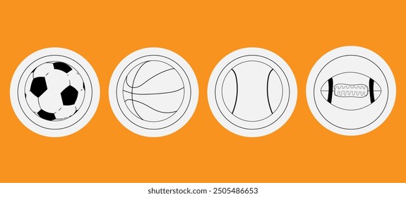 Pelotas para juegos, pelotas deportivas, para deportes, baloncesto, fútbol, rugby, Ilustración vectorial, 10EPS