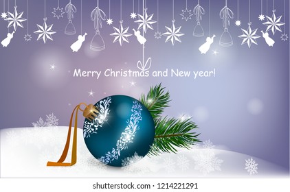 Balls and garlands with fir-tree branches ornate winter holidays greeting cards with New Year, Best for greeting cards, invitations on festive