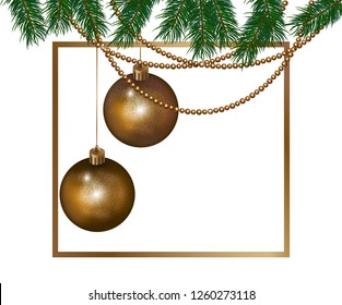 Balls and garlands with fir-tree branches ornate winter holidays greeting cards with New Year, Best for greeting cards, invitations on festive