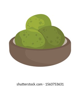Balls of green ice cream made out of a match. Ice sweet on a white isolated background in a ceramic cup. Vector illustration in cartoon flat style.