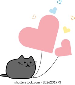 Balls hearts.  Gray cat for a postcard.  Template for brochure and banner.  Balloons.  For party and birthday