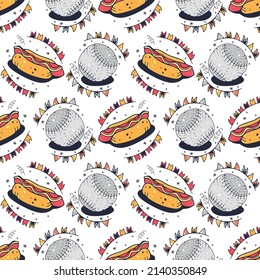 Balls and Hot dog. Seamless pattern on a white background. Cute vector illustration.