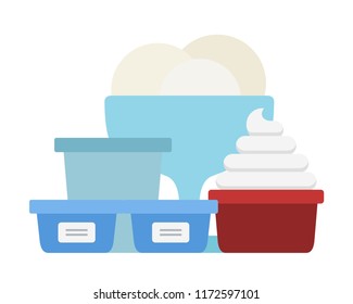 Balls of ice cream in a bowl, a portion of whipped cream and plastic containers with ice cream vector flat material design isolated on white