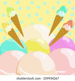 balls of ice cream and ice cream cones on a light yellow background in a blue polka dot