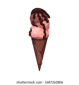 Balls of Ice Cream in Waffle with Chocolate Topping Vector Illustration