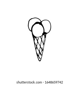 Balls of ice cream in a waffle cone. Concept of vacation and travel. Hand drawn vector illustration. Isolated on a white background. 